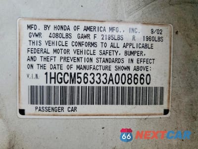 Zdjęcie 12 z 12 samochodu: 2003 HONDA ACCORD LX VIN:1HGCM56333A008660 - miniatura
