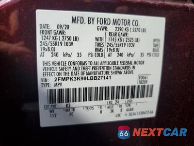 Zdjęcie 13 z 13 samochodu: 2020 FORD EDGE TITANIUM VIN:2FMPK3K99LBB27141 - miniatura