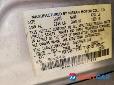 Zdjęcie 12 z 12 samochodu: 2006 NISSAN ALTIMA 2.5 VIN:1N4AL11D06N336414 - miniatura