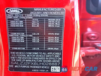 Zdjęcie 12 z 12 samochodu: 2020 LAND ROVER RANGE ROVER EVOQUE S VIN:SALZJ2FX6LH028887 - miniatura