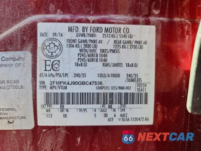 Zdjęcie 12 z 12 samochodu: 2016 FORD EDGE SEL VIN:2FMPK4J90GBC47536 - miniatura