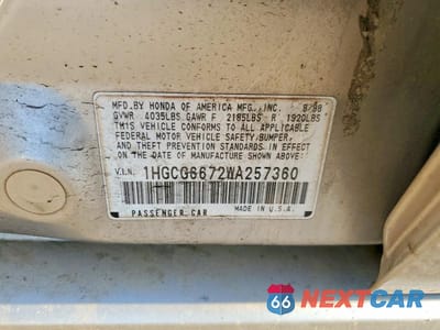 Zdjęcie 12 z 12 samochodu: 1998 HONDA ACCORD EX VIN:1HGCG6672WA257360 - miniatura