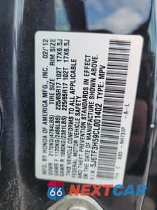 Zdjęcie 12 z 12 samochodu: 2012 HONDA CROSSTOUR EXL VIN:5J6TF3H59CL001402 - miniatura
