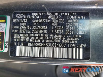 Zdjęcie 13 z 13 samochodu: 2013 HYUNDAI SANTA FE GLS VIN:KM8SMDHF8DU014607 - miniatura