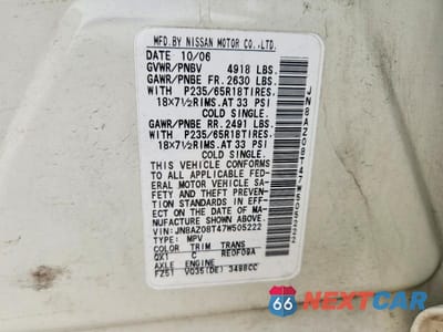 Zdjęcie 13 z 13 samochodu: 2007 NISSAN MURANO S VIN:JN8AZ08T47W505222 - miniatura