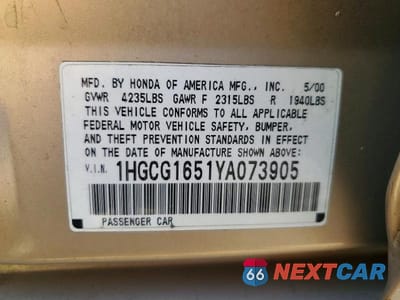 Zdjęcie 12 z 12 samochodu: 2000 HONDA ACCORD EX VIN:1HGCG1651YA073905 - miniatura