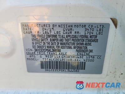 Zdjęcie 12 z 12 samochodu: 2019 NISSAN VERSA NOTE S VIN:3N1CE2CP5KL366080 - miniatura