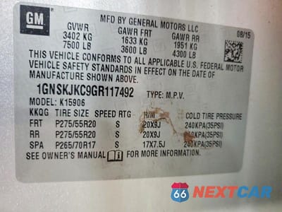 Zdjęcie 13 z 13 samochodu: 2016 CHEVROLET SUBURBAN K1500 LTZ VIN:1GNSKJKC9GR117492 - miniatura