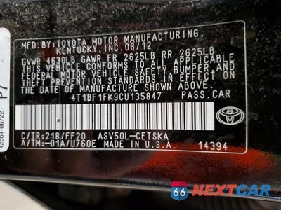 Zdjęcie 12 z 12 samochodu: 2012 TOYOTA CAMRY SE VIN:4T1BF1FK9CU135847 - miniatura