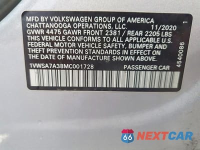 Zdjęcie 13 z 13 samochodu: 2021 VOLKSWAGEN PASSAT SE VIN:1VWSA7A38MC001728 - miniatura