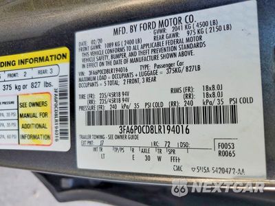 Zdjęcie 12 z 12 samochodu: 2020 FORD FUSION SEL VIN:3FA6P0CD8LR194016 - miniatura