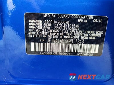 Zdjęcie 12 z 12 samochodu: 2019 SUBARU WRX VIN:JF1VA1A63K9811243 - miniatura
