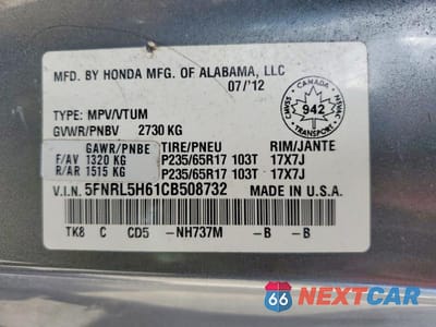 Zdjęcie 13 z 13 samochodu: 2012 HONDA ODYSSEY EXL VIN:5FNRL5H61CB508732 - miniatura