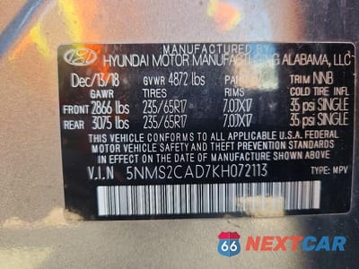 Zdjęcie 13 z 13 samochodu: 2019 HYUNDAI SANTA FE SE VIN:5NMS2CAD7KH072113 - miniatura