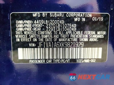 Zdjęcie 13 z 13 samochodu: 2019 SUBARU WRX VIN:JF1VA1A6XK9821929 - miniatura