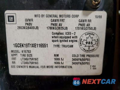 Zdjęcie 12 z 12 samochodu: 1999 CHEVROLET SILVERADO K1500 VIN:1GCEK19T1XE116551 - miniatura