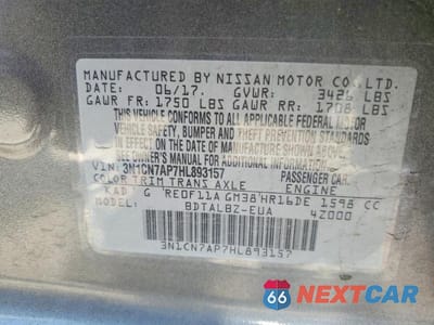 Zdjęcie 12 z 12 samochodu: 2017 NISSAN VERSA 1.6 S VIN:3N1CN7AP7HL893157 - miniatura