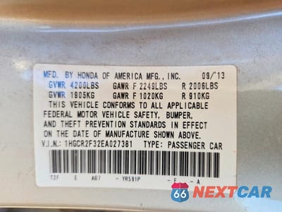 Zdjęcie 12 z 12 samochodu: 2014 HONDA ACCORD LX VIN:1HGCR2F32EA027381 - miniatura