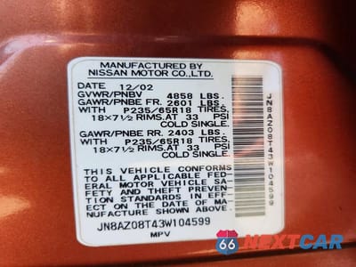Zdjęcie 13 z 13 samochodu: 2003 NISSAN MURANO SL VIN:JN8AZ08T43W104599 - miniatura