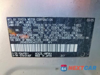 Zdjęcie 13 z 13 samochodu: 2005 TOYOTA RAV4 BASE VIN:JTEHD20VX56033733 - miniatura
