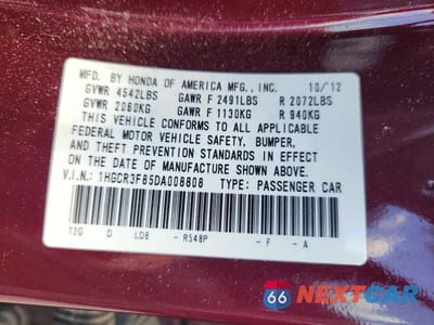 Zdjęcie 12 z 12 samochodu: 2013 HONDA ACCORD EX-L 4D SEDAN VIN:1HGCR3F85DA008808 - miniatura