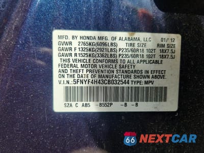 Zdjęcie 13 z 13 samochodu: 2012 HONDA PILOT EX VIN:5FNYF4H43CB032544 - miniatura