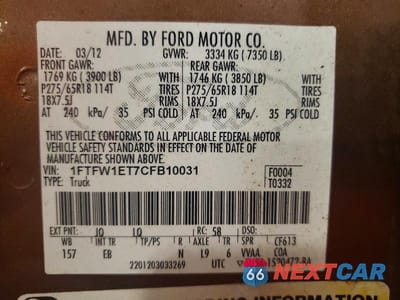 Zdjęcie 12 z 12 samochodu: 2012 FORD F150 SUPERCREW VIN:1FTFW1ET7CFB10031 - miniatura