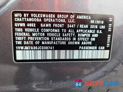 Zdjęcie 12 z 12 samochodu: 2018 VOLKSWAGEN PASSAT GT VIN:1VWJM7A30JC038741 - miniatura