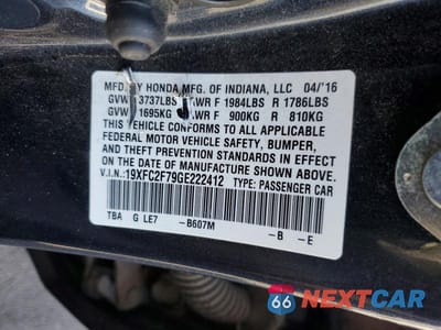 Zdjęcie 12 z 12 samochodu: 2016 HONDA CIVIC EX VIN:19XFC2F79GE222412 - miniatura