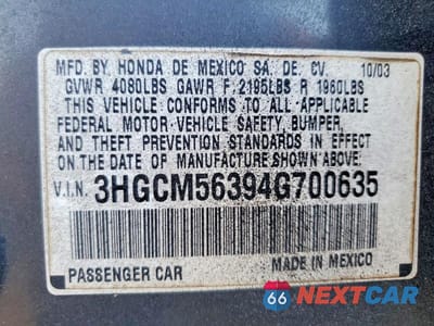 Zdjęcie 12 z 12 samochodu: 2004 HONDA ACCORD LX VIN:3HGCM56394G700635 - miniatura