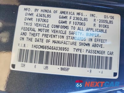 Zdjęcie 12 z 12 samochodu: 2006 HONDA ACCORD EX VIN:1HGCM66546A036950 - miniatura