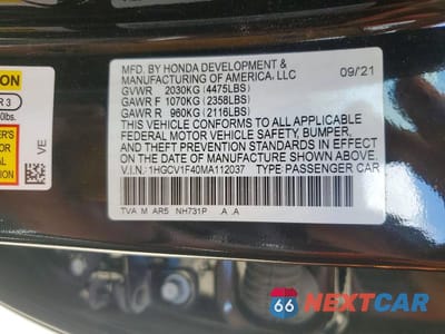 Zdjęcie 12 z 12 samochodu: 2021 HONDA ACCORD SPORT SE VIN:1HGCV1F40MA112037 - miniatura