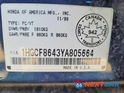 Zdjęcie 10 z 12 samochodu: 2000 HONDA ACCORD DX VIN:1HGCF8643YA805664 - miniatura
