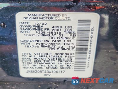 Zdjęcie 13 z 13 samochodu: 2003 NISSAN MURANO SL VIN:JN8AZ08T43W104117 - miniatura