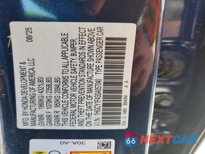 Zdjęcie 12 z 12 samochodu: 2025 HONDA ACCORD SE VIN:1HGCY1F43SA057040 - miniatura