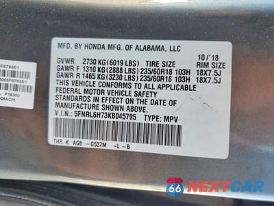 Zdjęcie 13 z 13 samochodu: 2019 HONDA ODYSSEY EXL VIN:5FNRL6H73KB045795 - miniatura