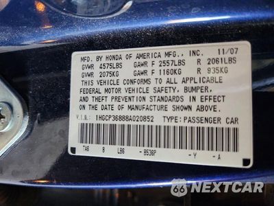 Zdjęcie 12 z 12 samochodu: 2008 HONDA ACCORD EXL VIN:1HGCP36888A020852 - miniatura