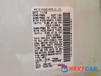 Zdjęcie 13 z 13 samochodu: 2010 NISSAN MURANO S VIN:JN8AZ1MW9AW108151 - miniatura