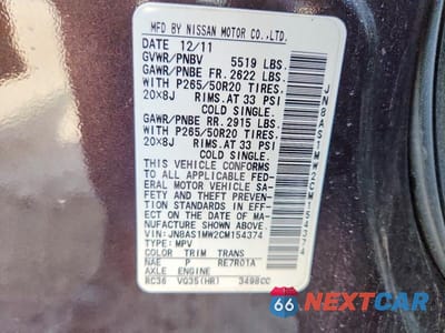Zdjęcie 13 z 13 samochodu: 2012 INFINITI FX35 BASE VIN:JN8AS1MW2CM154374 - miniatura