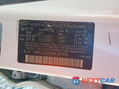 Zdjęcie 12 z 12 samochodu: 2010 HYUNDAI SANTA FE GLS VIN:5NMSG3AB4AH385490 - miniatura