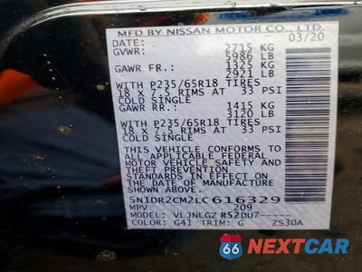Zdjęcie 13 z 13 samochodu: 2020 NISSAN PATHFINDER SL 4WD VIN:5N1DR2CM2LC616329 - miniatura