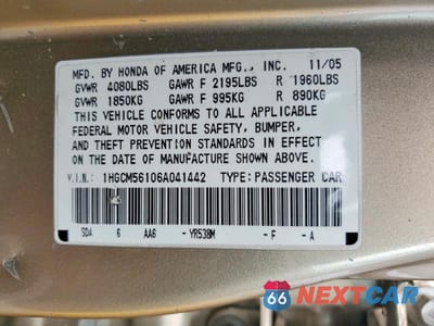 Zdjęcie 12 z 12 samochodu: 2006 HONDA ACCORD VALUE VIN:1HGCM56106A041442 - miniatura