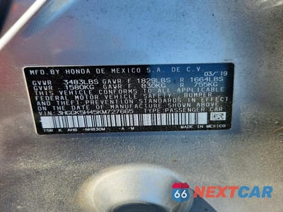 Zdjęcie 12 z 12 samochodu: 2019 HONDA FIT LX VIN:3HGGK5H45KM727665 - miniatura