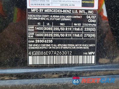 Zdjęcie 12 z 12 samochodu: 2007 MERCEDES-BENZ ML 350 VIN:4JGBB86E97A263012 - miniatura