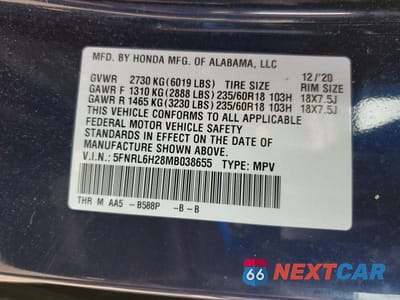 Zdjęcie 14 z 14 samochodu: 2021 HONDA ODYSSEY LX VIN:5FNRL6H28MB038655 - miniatura