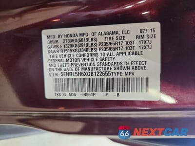 Zdjęcie 13 z 13 samochodu: 2016 HONDA ODYSSEY EXL VIN:5FNRL5H6XGB122655 - miniatura
