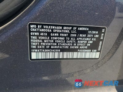 Zdjęcie 12 z 12 samochodu: 2017 VOLKSWAGEN PASSAT S VIN:1VWAT7A36HC042306 - miniatura