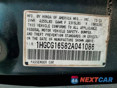 Zdjęcie 13 z 13 samochodu: 2002 HONDA ACCORD EX VIN:1HGCG16582A041086 - miniatura