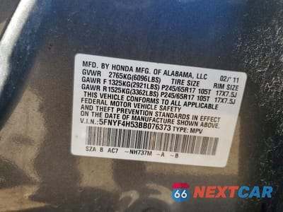 Zdjęcie 12 z 12 samochodu: 2011 HONDA PILOT EXL VIN:5FNYF4H53BB076373 - miniatura