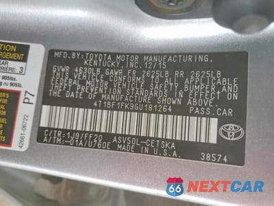 Zdjęcie 12 z 12 samochodu: 2016 TOYOTA CAMRY LE VIN:4T1BF1FK9GU181264 - miniatura
